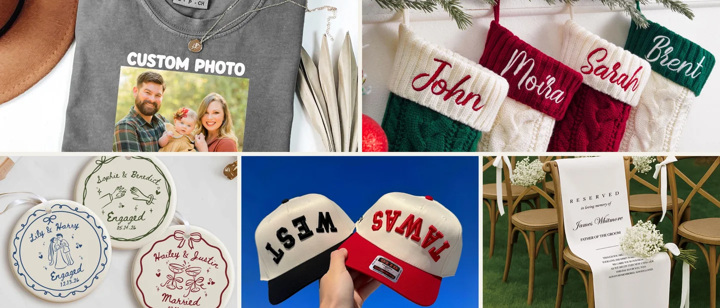 Five Etsy clusters that moved 100+ in a week — a $3.32 ornament at one end, a $39.87 linen banner at the other
