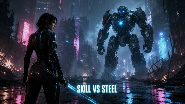 Female Warrior vs Combat Robot in a Rainy Neon City