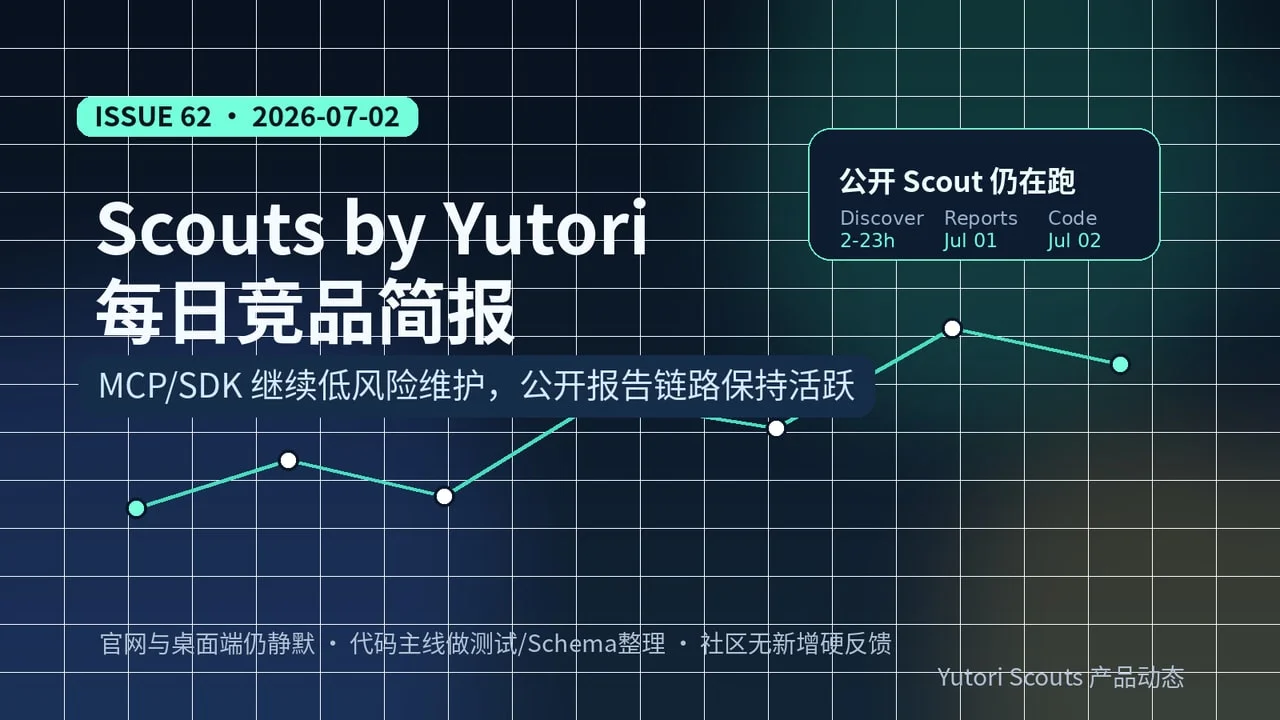 Scouts by Yutori 竞品情报简报 · 第 62 期:公开报告活跃,工具链继续打磨