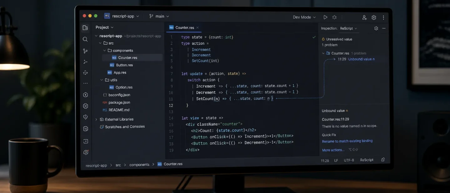 ReScript IDE brings ReScript language support to JetBrains — with the compiler watcher attached