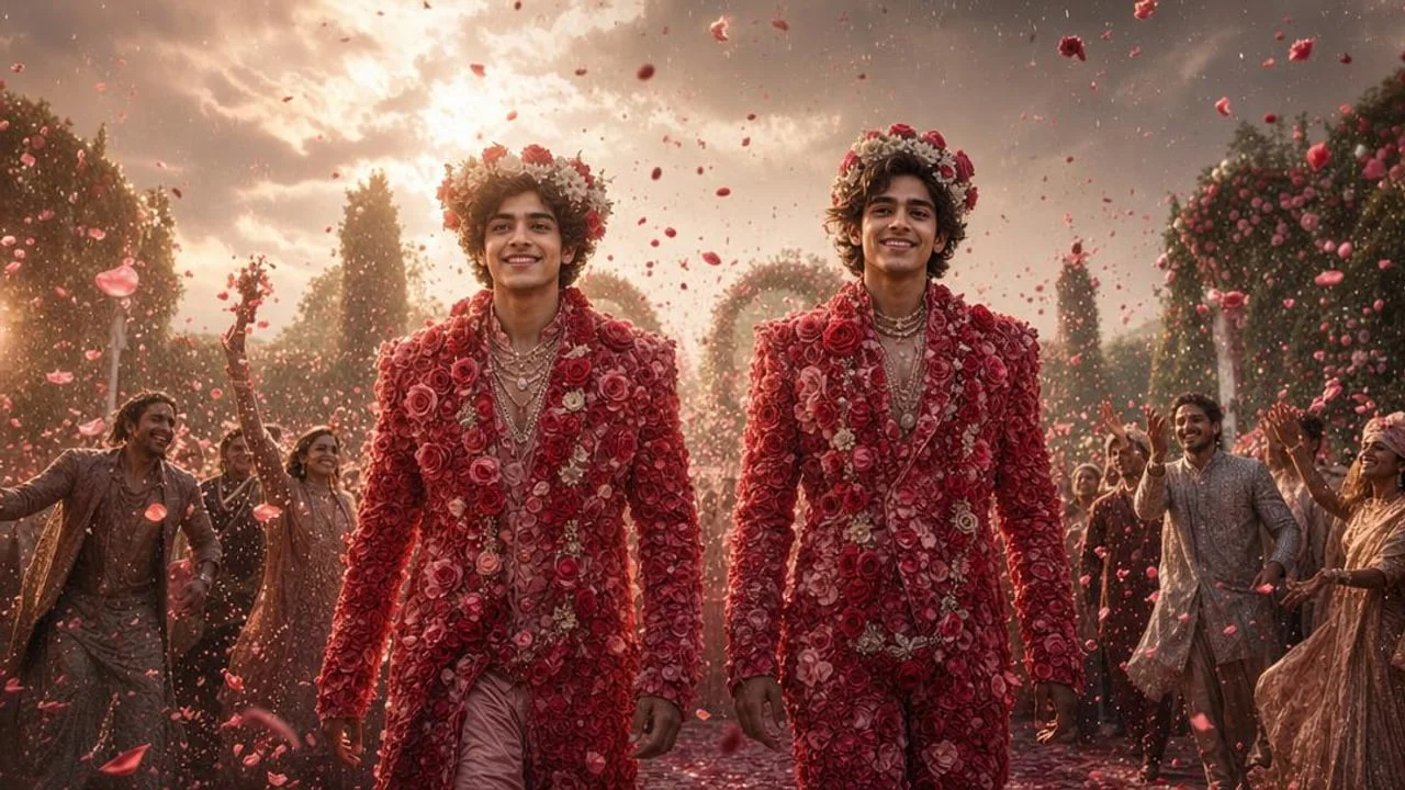 गुलाबों की बारात — जब दो भाई शानदार फूलों के लिबास में enchanted garden से गुज़रे