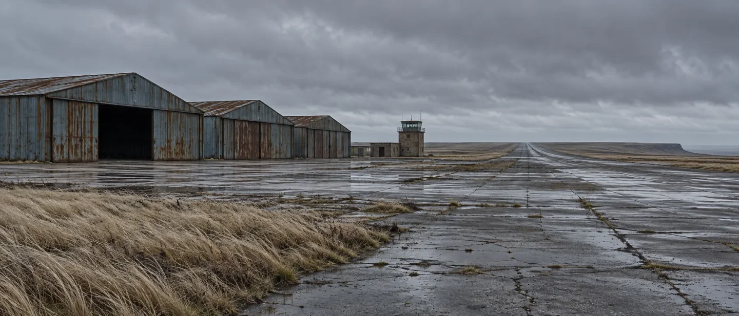 Tarmac, hangars, dead runway lights, wind — the airfield on the plateau