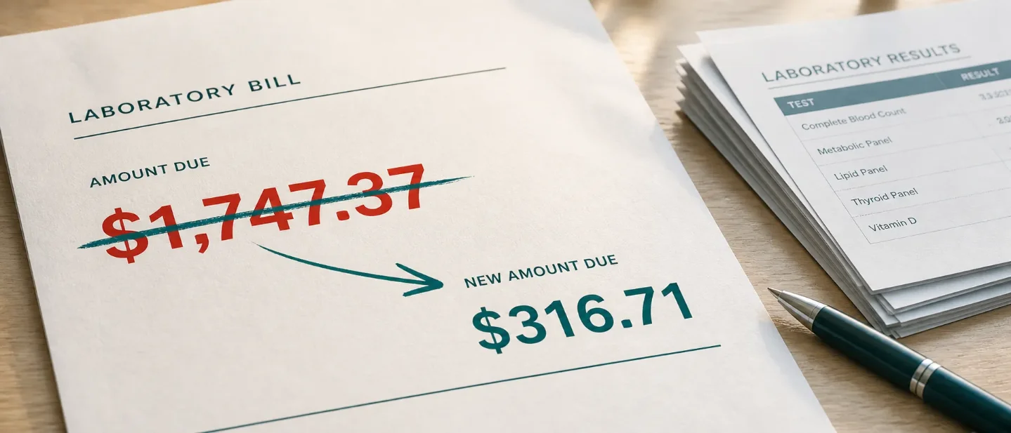 An uninsured lab bill fell from $1,747.37 to $316.71 after the first call failed
