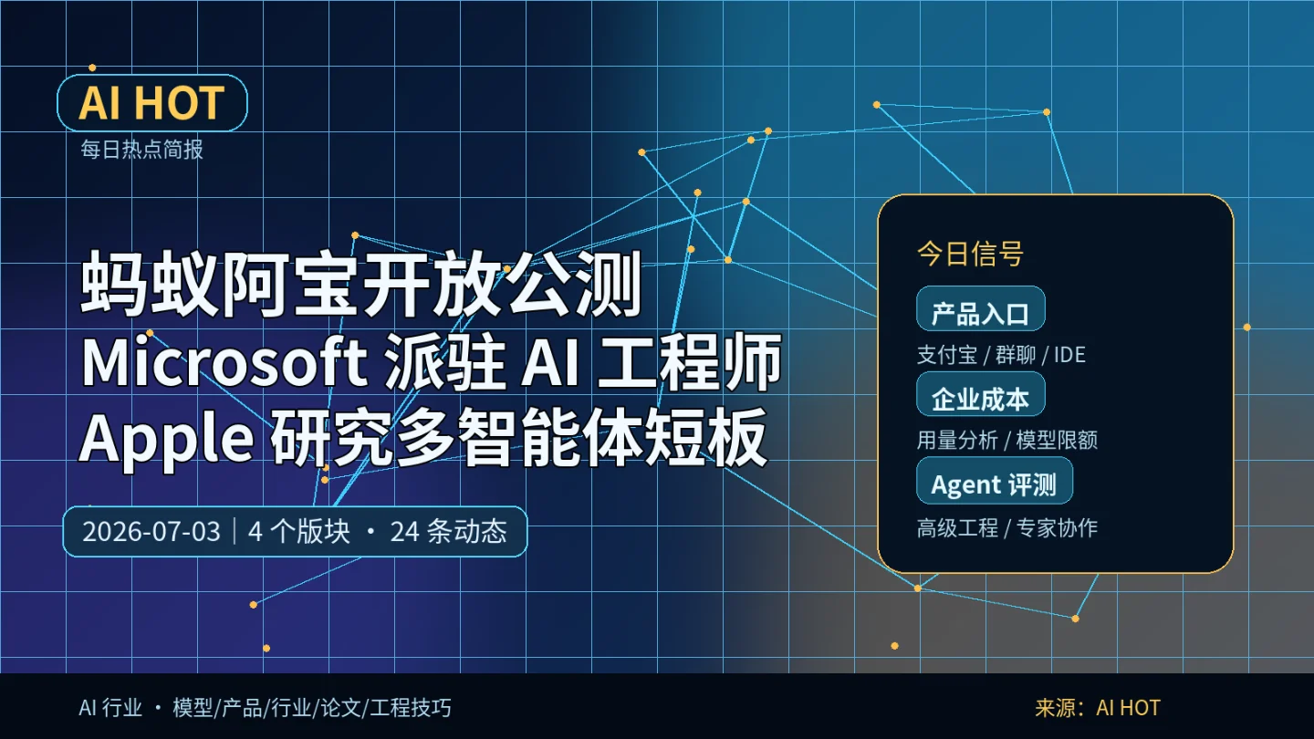 蚂蚁阿宝、Microsoft Frontier Company 与 Apple 多智能体研究——AI HOT 今日热点(2026-07-03)