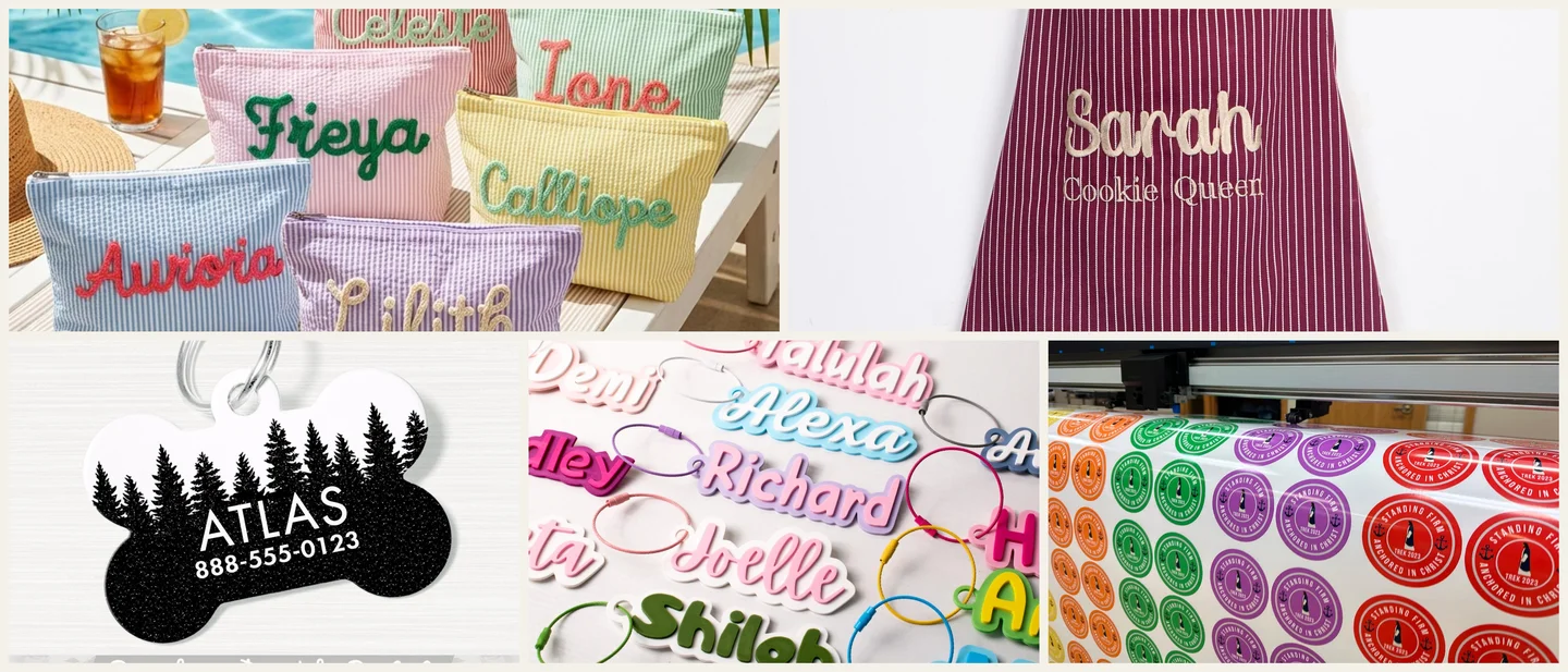 Five Etsy clusters that moved 100+ in a week — a 29-cent sticker at one end, a $24 pet tag at the other