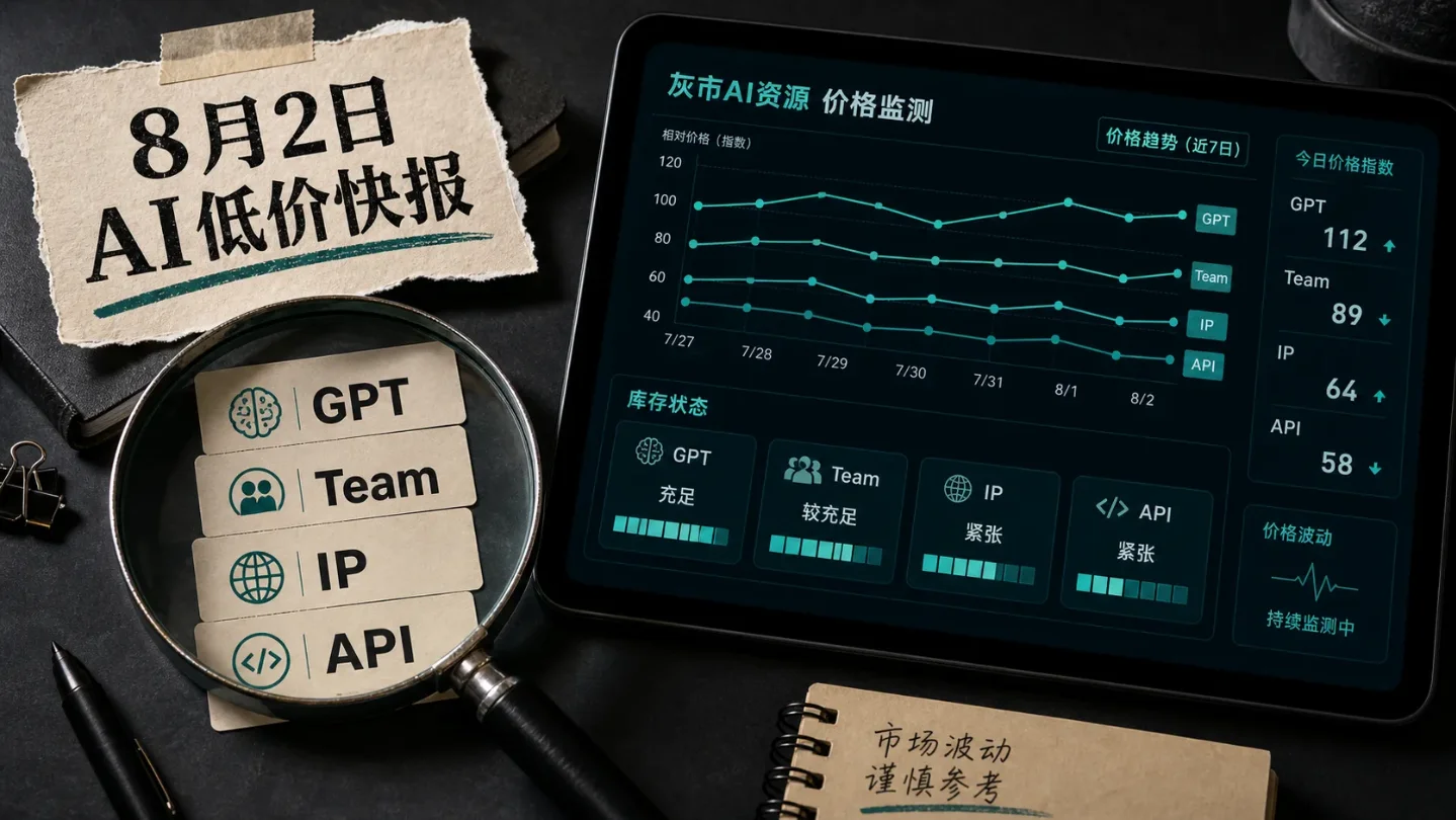 8月2日 AI号探低价快报:GPT Free 0.30元,Plus额度0.12元,Team入队60元,静态IP45元,Cloud Code未命中