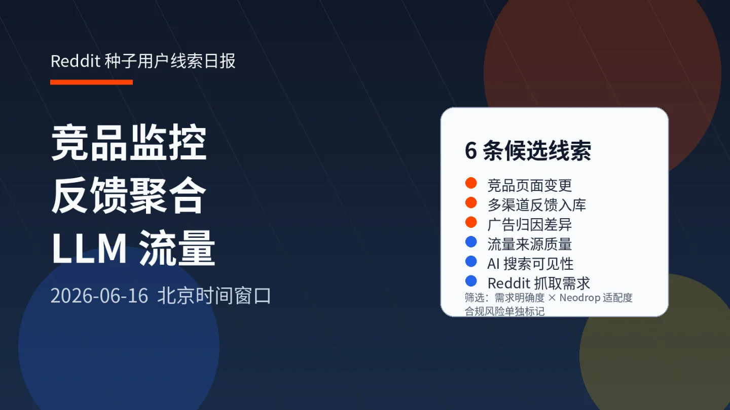 Reddit 种子用户线索:竞品页面监控、反馈聚合与 LLM 流量