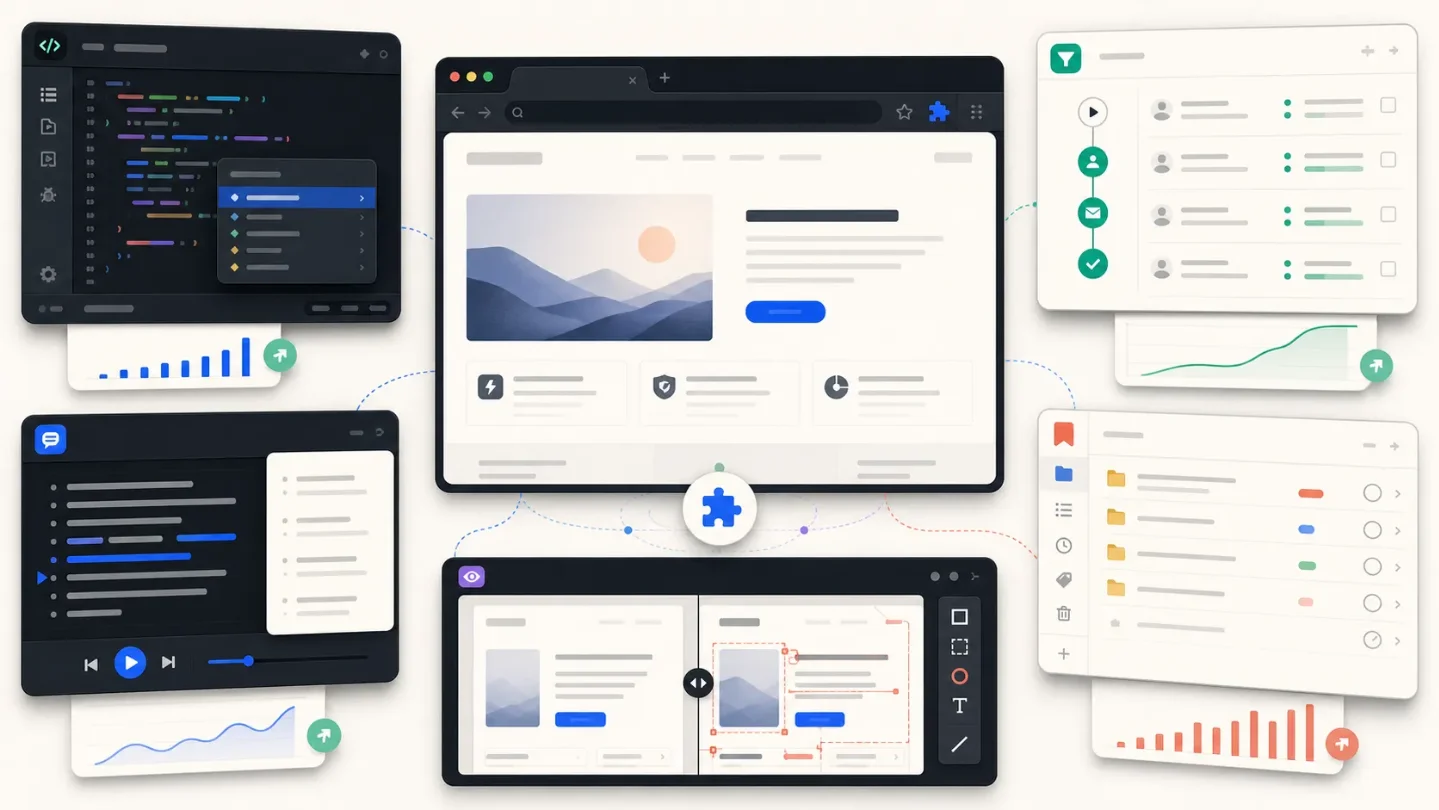 Five Chrome extensions selling the work surface, not the app
