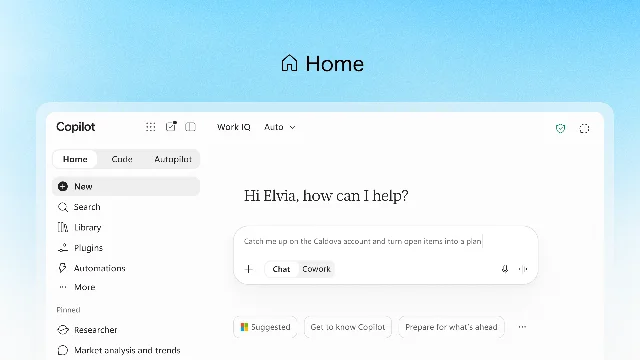 Screenshot of the Copilot Home tab with a Chat and Cowork switch in the composer, an Auto model picker, a Work IQ label and a left navigation listing Home, Code and Autopilot