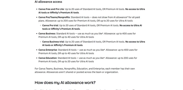Canva's help centre listing the monthly AI allowance for each plan, from 20 uses on Free to 400 on Business and Enterprise