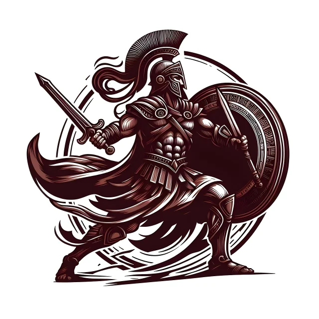 Illustration of a Spartan hoplite in full armor — crested helmet, round shield bearing ancient markings, sword raised — rendered in dark red ink on white