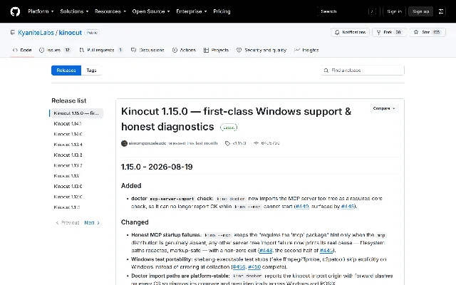 kinocut 的 release 列表页,左侧列表从上到下第一条是 Kinocut 1.15.0 — first-class Windows support & honest diagnostics,右侧正文标注 1.15.0 - 2026-08-19