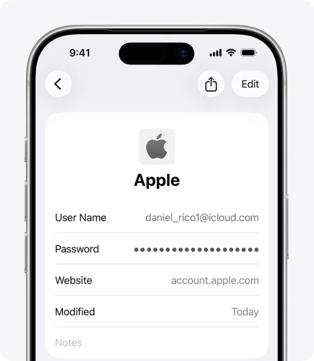 密码 App 的单条记录页,显示用户名、掩码密码、网站、修改日期与 Edit 入口