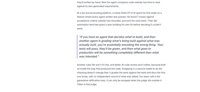 The Qase launch post's own argument for Tiden: the quote from a customer's QA lead and the paragraph naming the generative ratification loop