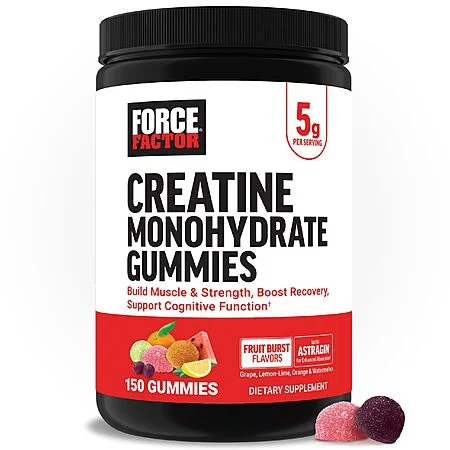 Force Factor Creatine Monohydrate Gummies — orange product bottle, NSF Certified badge visible