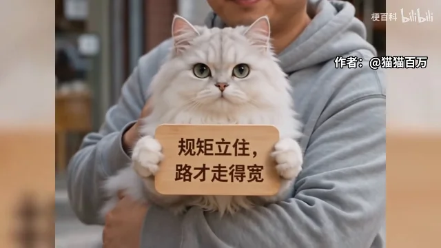 一只白色长毛猫被人抱着，两只前爪扶着一块木牌，牌子上写着「规矩立住，路才走得宽」，画面右上角标着「作者：@猫猫百万」