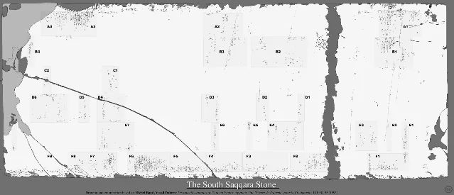 A line drawing of a large irregular stone slab, its surface marked with small patches of surviving hieroglyphs and lettered boxes recording where they survive