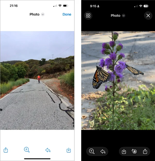 iOS 18 与 iOS 26 的照片界面对比