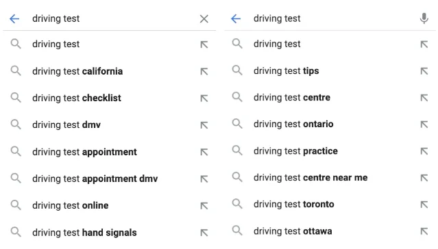 同一个 driving test 查询在 California 与 Ontario 显示不同补全建议