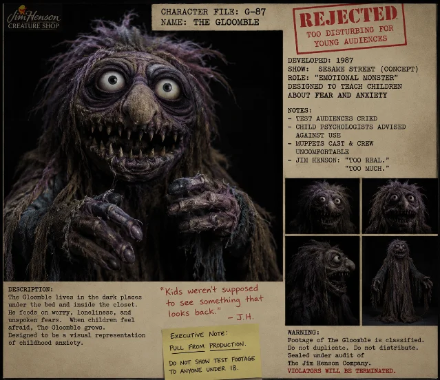 A horror creature presented inside a faux Jim Henson character dossier marked rejected.