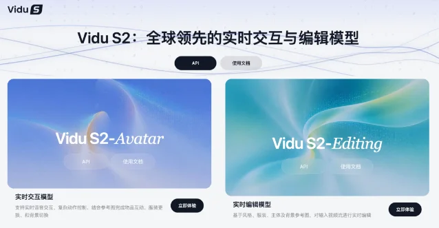 Vidu S2 官方产品页把 Avatar 与 Editing 两个模型并列展示