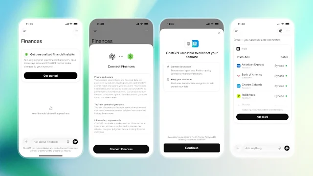 ChatGPT 个人财务连接账户流程,四屏移动端截图展示接入步骤