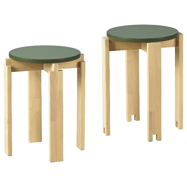 Two light-birch KOMPISHÄNG stools with dark green round seats, shown side by side.
