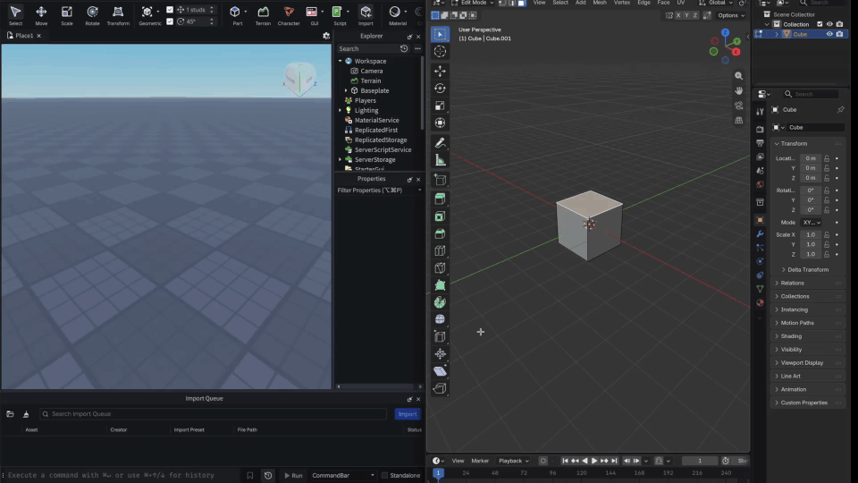 Roblox Studio viewport showing the Auto-Reimport workflow