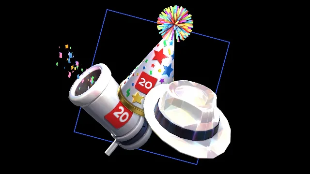 Roblox anniversary avatar items: a party hat, a confetti cannon and a white fedora with red 20 patches