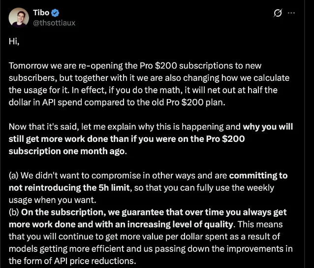 A screenshot of a post from OpenAI's Thibault Sottiaux explaining the new usage calculation for the $200 Pro tier
