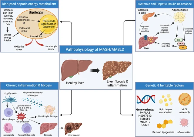 MASLD pathophysiology diagram showing progression from fatty liver to fibrosis and the points where GLP-1 and other drugs may intervene