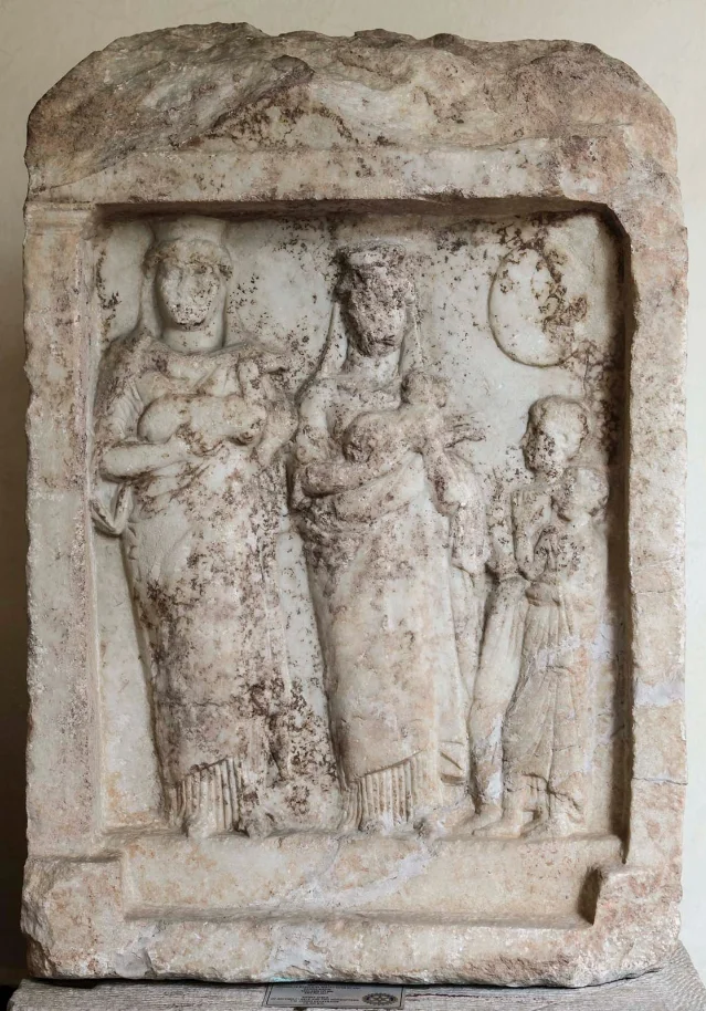 Marble relief with Artemis, Cybele, and worshippers