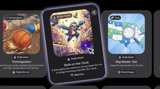 Three game cards in the Playground Explore gallery, tagged 2D Kart Racer, 2D platformer and Trivia, each credited to a creator handle