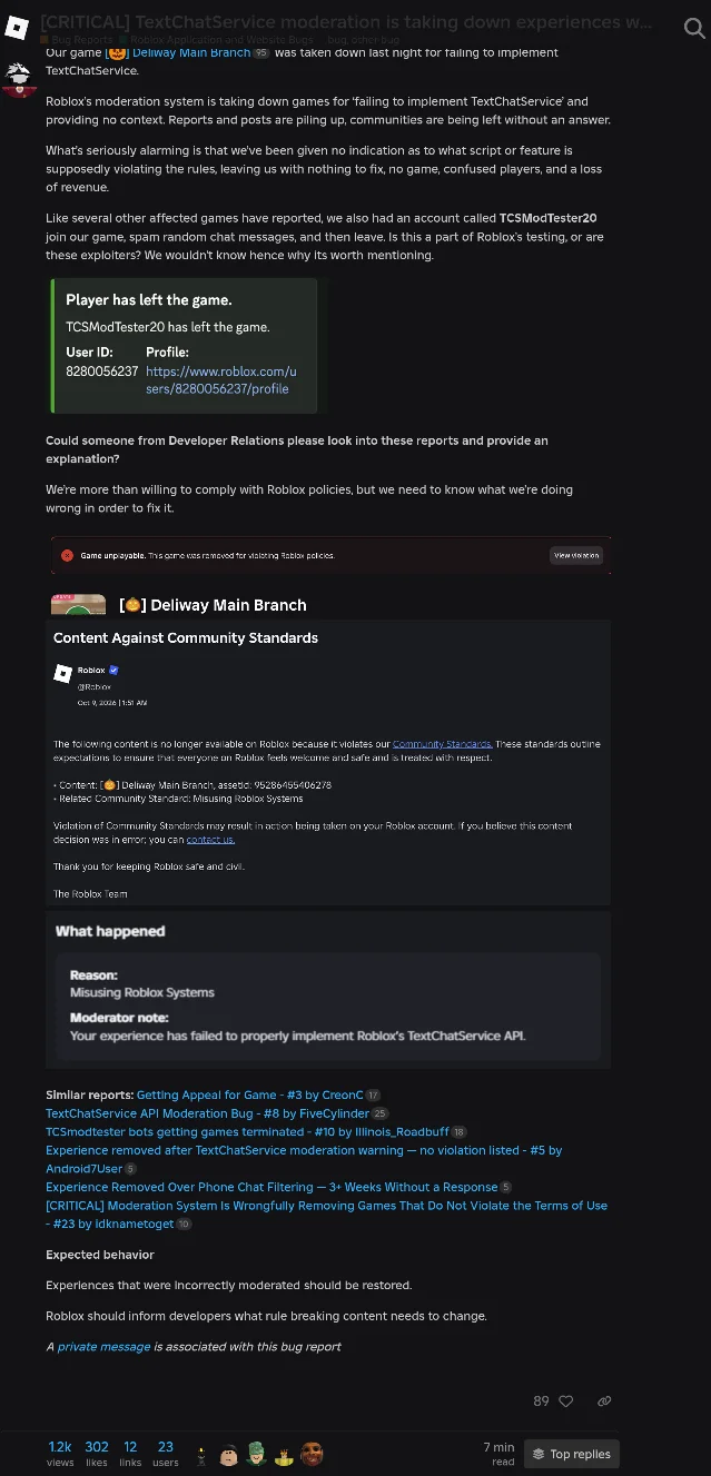 The first post of a Roblox Developer Forum bug report listing a game removal notice, a screenshot of an account named TCSModTester20 leaving the game with user ID 8280056237, a termination card reading Content Against Community Standards with the standard "Misusing Roblox Systems", and a moderator note reading "Your experience has failed to properly implement Roblox's TextChatService API"