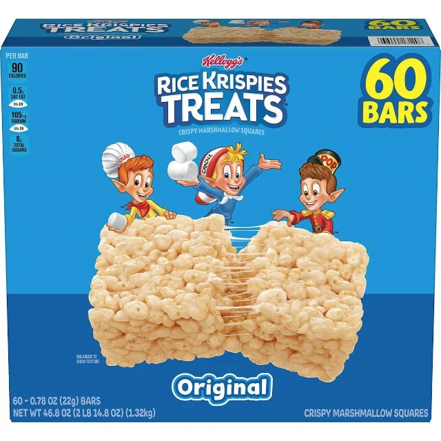 A blue 60-count box of Kellogg's Rice Krispies Treats Original crispy marshmallow squares, labeled "60 Bars" and "Original".