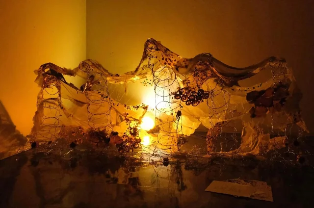 An amber-lit suspended installation made from translucent material, wire, dried organic matter and dark circular forms