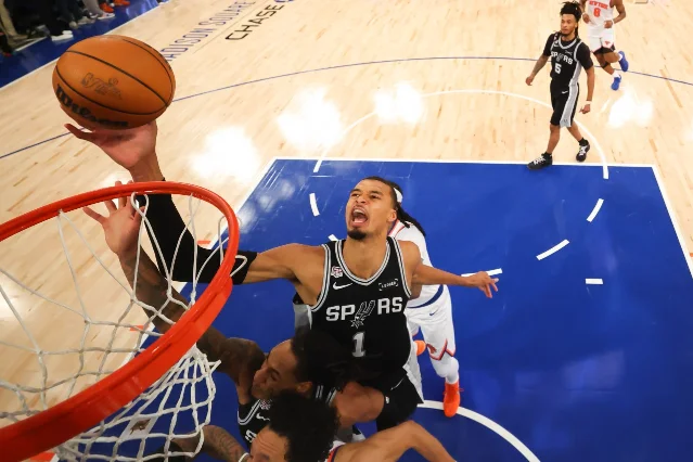 Victor Wembanyama shoots over a Knicks defender during Game 4 of the 2026 NBA Finals