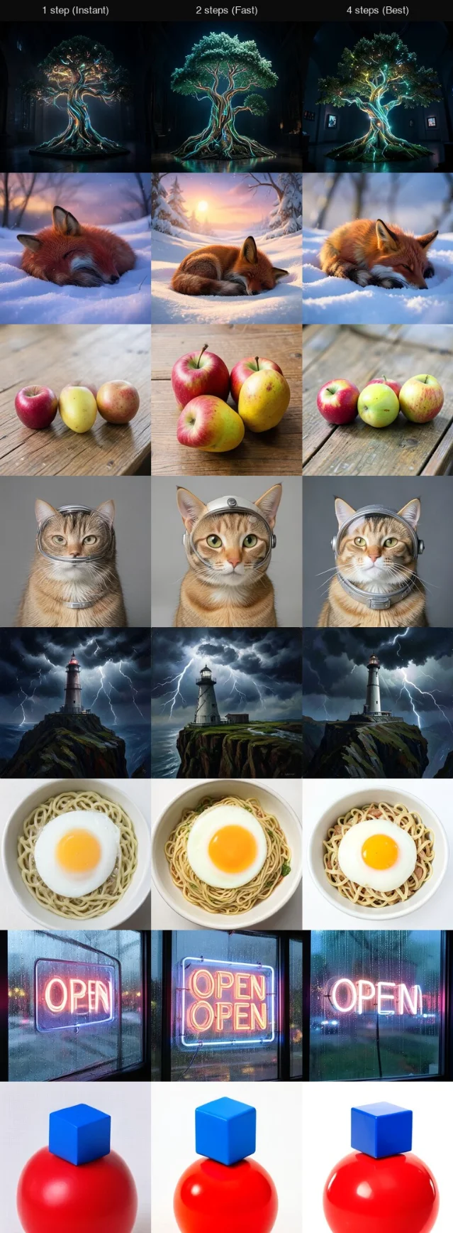 Eight rows of generated images in three columns labelled one step, two steps and four steps
