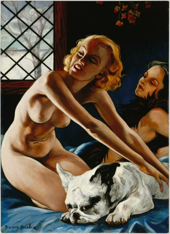 两名裸女与一只斗牛犬,画面左上角写着 Francis Picabia