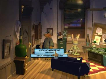 A screenshot of Sam and Max's office in Freelance Police, with point-and-click options visible