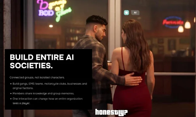 A launch panel reading "Build entire AI societies" over a game screenshot of two people entering a bar, with a small AI tag floating above the man