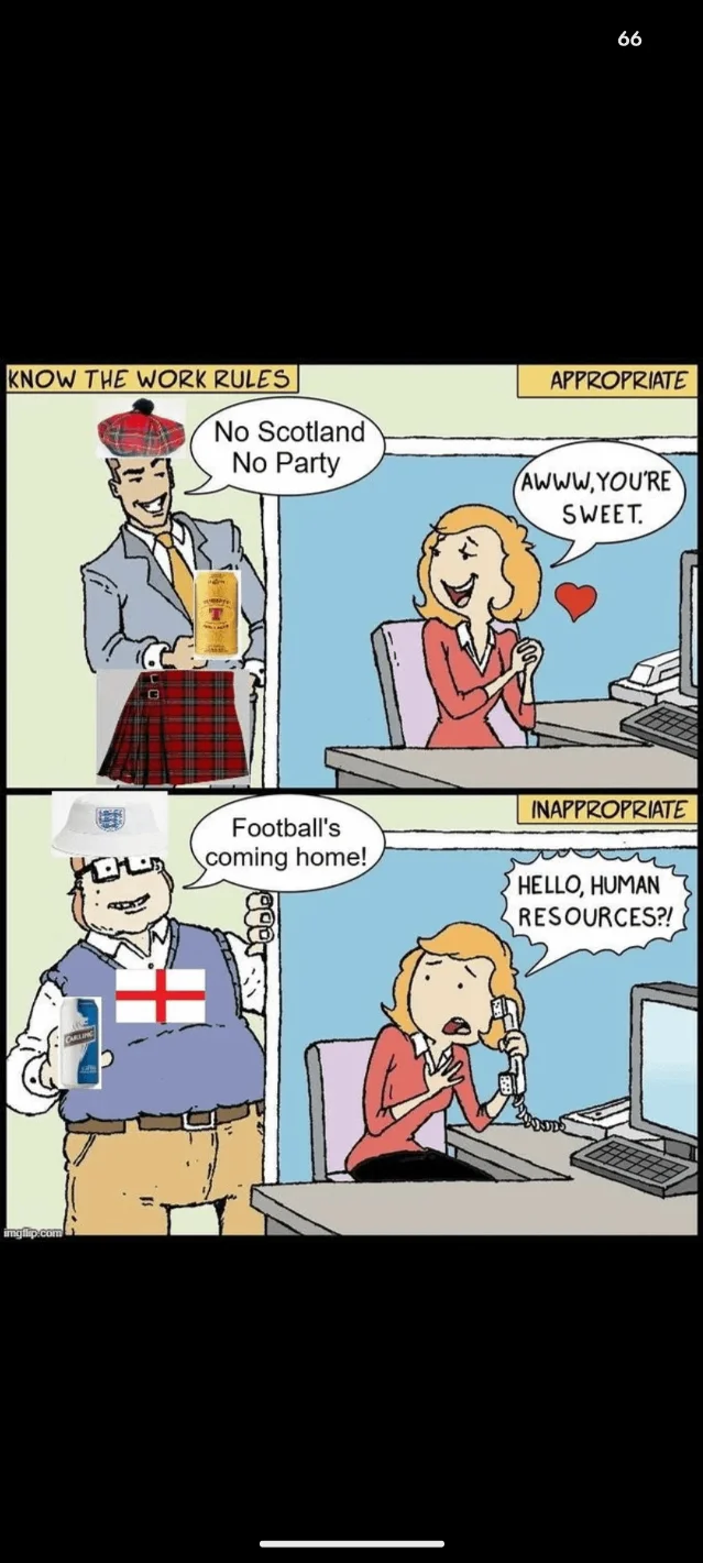Two-panel football meme comparing Scottish and English fan slogans