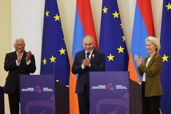 Armenian Prime Minister Nikol Pashinyan, French President Macron, and European Commission President von der Leyen at the EU-Armenia summit in Yerevan, May 2026