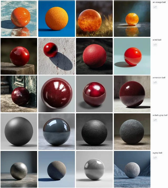 MJ V7 color keyword test grid showing 21 colors rendered on spheres — orange, red, maroon, dark-gray, gray rows visible