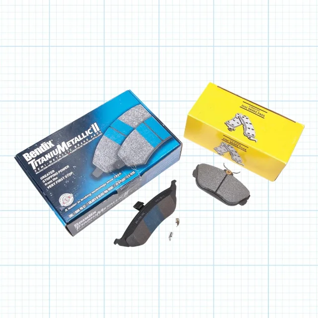 New brake pads vs. worn brake pads comparison — one thick, one worn down to the metal backing