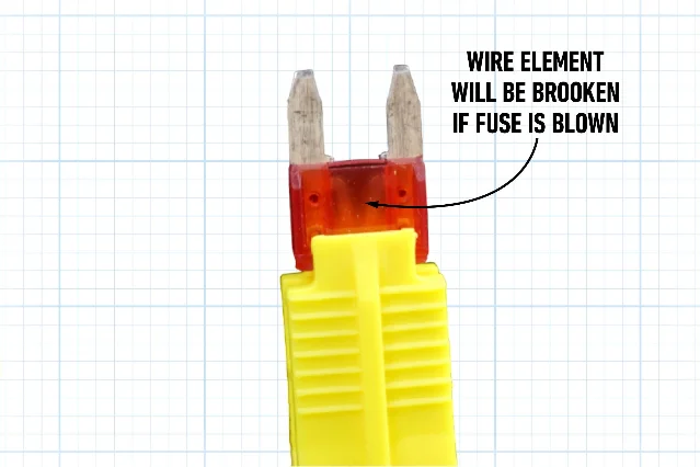 Side-by-side comparison of a good car fuse with a continuous metal strip and a blown fuse with a broken strip
