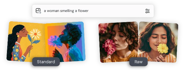 Midjourney Standard mode vs Raw mode — same prompt, Standard produces stylized illustration output while Raw produces photorealistic output