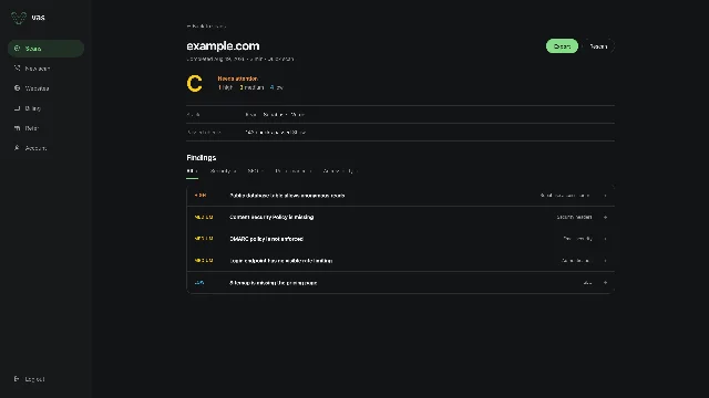 A Vibe App Scanner report graded C, with findings by severity above the checks it passed