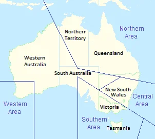 A pale map of Australia with state borders and four boundary lines cutting it into named areas