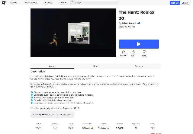 The Hunt: Roblox 20 hub page on the morning of September 18, 2026, showing 188,436 active players and the event description